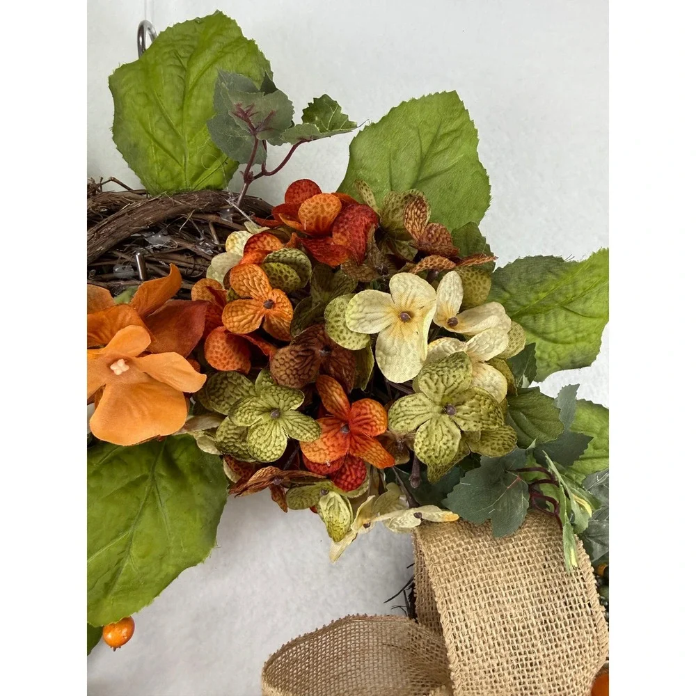 Fall Grapevine Wreath Orange Hydrangea Burlap Bow Autumn Decor 22in